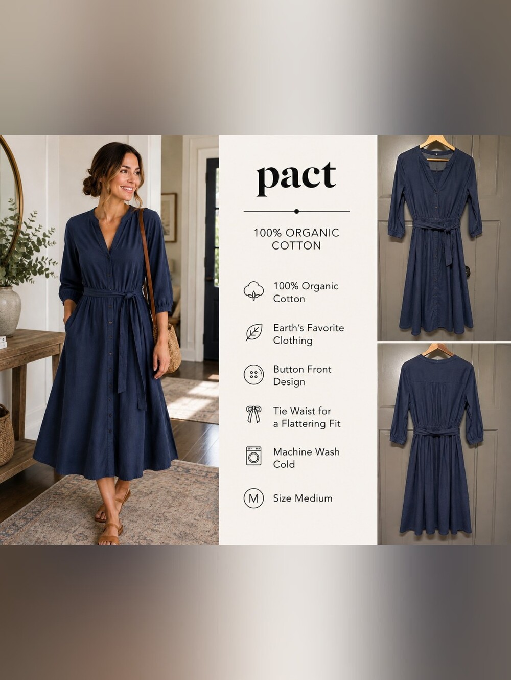 Pact Organic Cotton Button Front Tie Waist Midi Dress Medium Blue